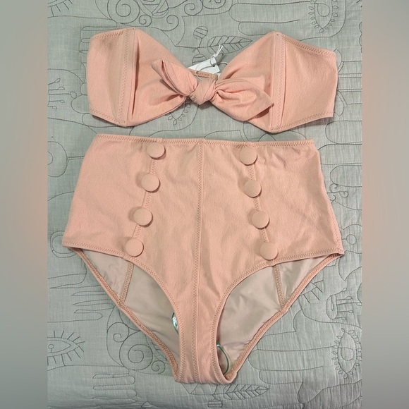 NEW Lisa Marie Fernandez Poppy High Waist 2 Piece Bikini Coral Crepe Sz 3 US 6-8 - Picture 1 of 10